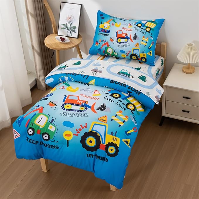 NTBED 4 Pieces Construction Truck Toddler Bedding Set for Baby Boys, Cartoon Vehicles Excavator Cars Printed, Includes Comforter, Flat Sheet, Fitted Sheet and Pillowcase,Sky Blue