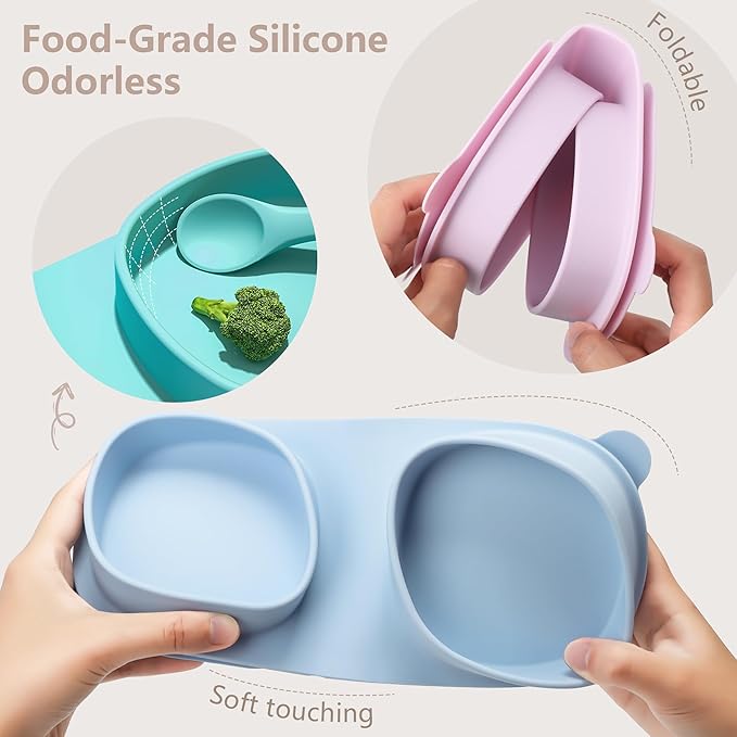 Silicone Foldable Novelty Dinner Plates,Suction Plates for Baby Travel Essential with Forks and Spoons,Microwave & Dishwasher Safe,Baby Blue