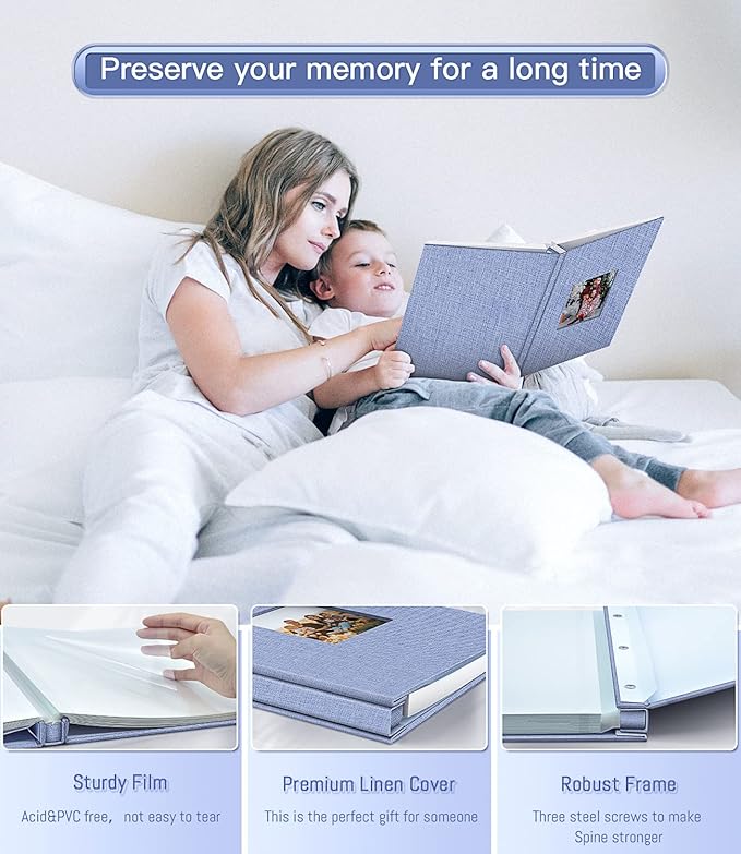 popotop Photo Album Self Adhesive with Picture Display Window,40 Pages DIY Scrapbooking Supplies Kit for 4x6 10x12 Picture,Linen Cover Memory Book for Baby Wedding, with Scraper and Metallic Pen