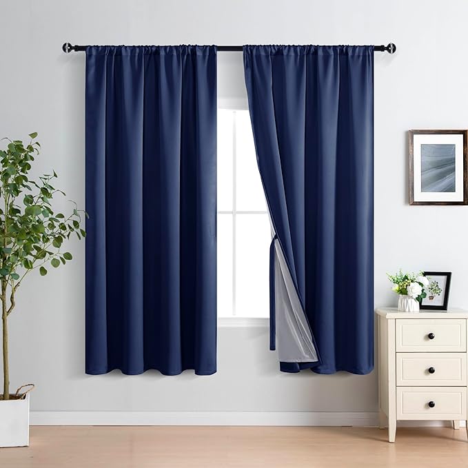 XWZO 100% Blackout Curtains 63 Inches Long with Tiebacks- Heat and Full Light Blocking, Thermal Insulated Rod Pocket Window Panels for Bedroom/Nursery, Navy Blue, W52 x L63, Set of 2 Draperies