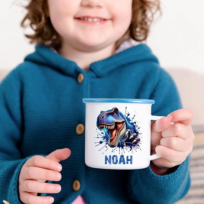 Personalized 12 oz Enamel Mug with Name - Custom Camping Coffee Mugs for Home, Work, Travel, Camping - Birthday Christmas Gift for Family Friend (Splash-Ink Dinosaur)