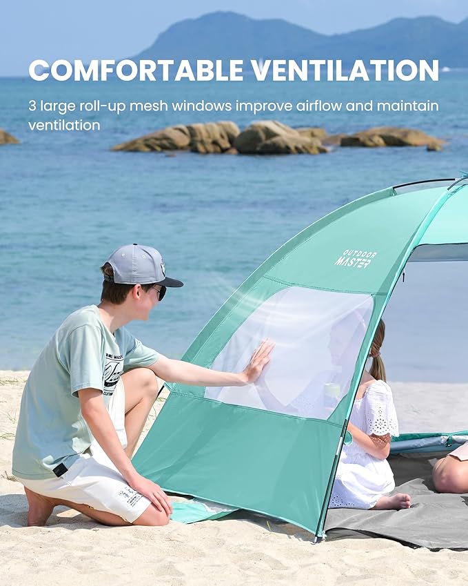 OutdoorMaster Beach Tent for 3/4 Person - Easy Setup Sun Shade Shelter, Portable Beach Shade Sun Canopy with UPF 50+ UV Protection, Removable Skylight Family Size