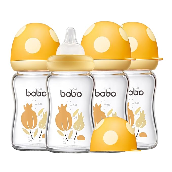 YOHKOH Natural Glass Baby Bottle with Natural Response Nipple, Newborn Anti-Colic Baby Bottles, Wide Neck Mushroom Cap Baby Bottle, Clear (Yellow, (5.4oz (Pack of 4))