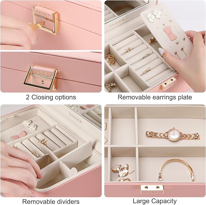 KAMIER Jewelry Boxes for Women, 2 Layers PU Leather Travel Jewelry Box, Large Capacity, Double Lock and Large Mirror, Hidden Necklace Hooks, Removable Dividers, Gift Box Packaging, Pink