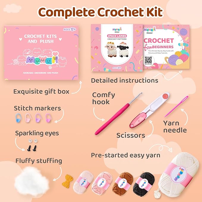 Mewaii Crochet Kit for Beginners Level 1 with 40% Extra Eco-Friendly Pre-Started Easy Yarn, Step-by-Step Video Tutorials for Adults and Kids (2 Pack Lambs)