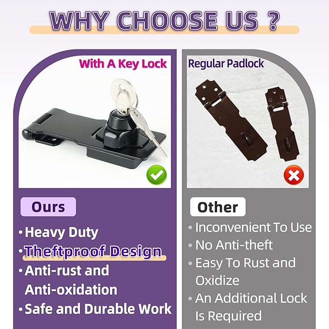 Alise Keyed Hasp Lock,4 Inch Safety Packlock Clasp Hasps Latch,Black Door Hinge Lock with Keys Keyed Locking Hasps for Cabinet,Closet,Drawer, Barn,Fence,Garage Doors