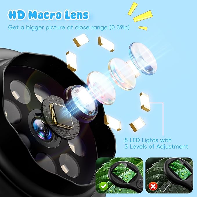 Magnifying Glass - Mini LED Pocket Microscope for Kids(5-10 Years) - Educational Science Kit Durable Design - Ideal Gift for Girls (Black)