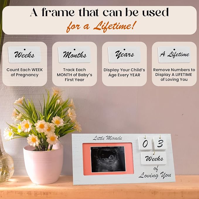 White Ultrasound Sonogram Picture Frame with Milestone Tracker – Elegant Wooden Keepsake for Expecting Parents – Nursery Décor Gift for New Moms – Countdown Tiles Included – 12" x 6" Design