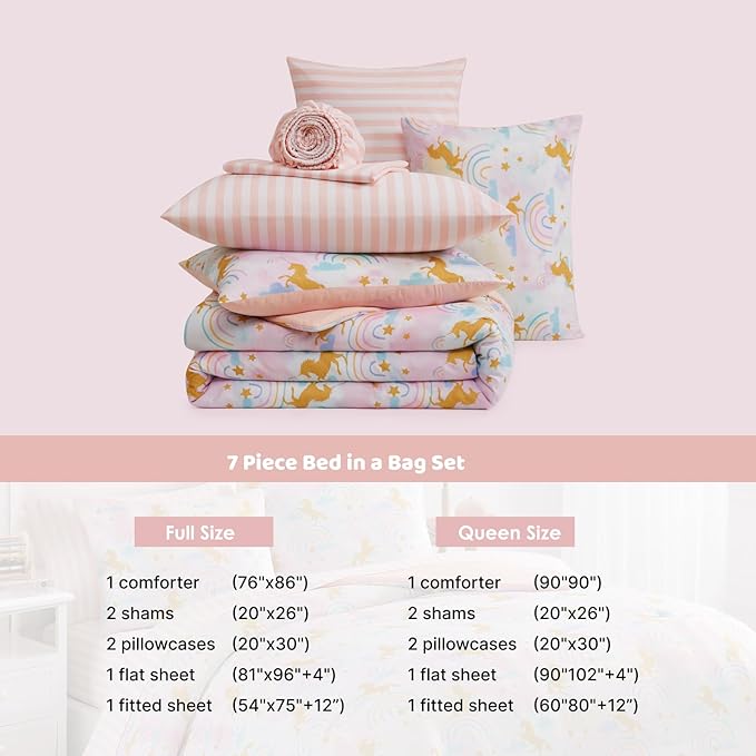 Queen Comforter Set with Sheets for Girls-7 Pieces Queen Bedding Sets with Pink Comforter, Sheets, Pillowcases & Shams for Kids (Gold Unicorn, 90" X 90")
