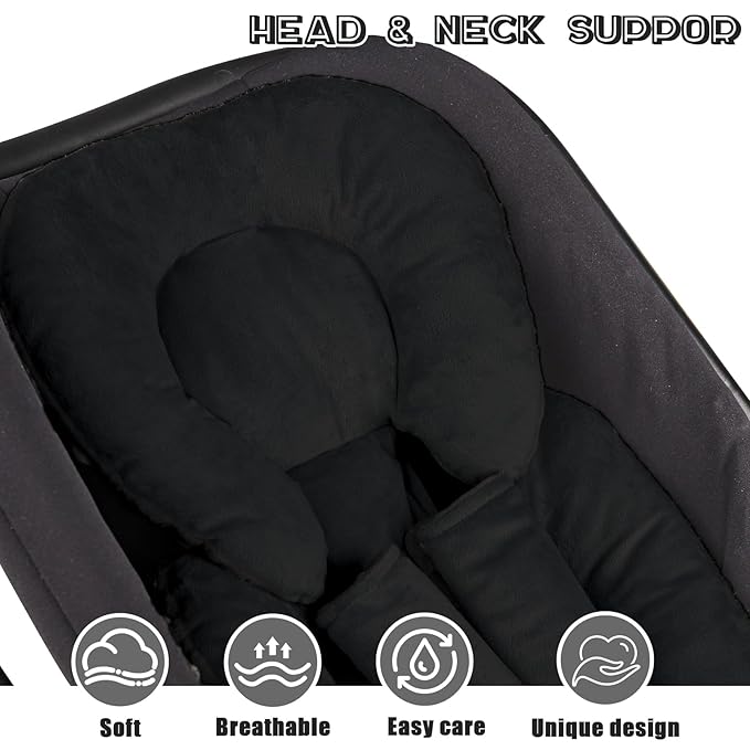 Infant Car Seat Insert Head and Body Support, GFU Reversible Newborn Insert for Carseat with Strap Pads, Soft Stroller Cushion Pillow Insert for Boys and Girls, Fits for Stroller, Swing, Black
