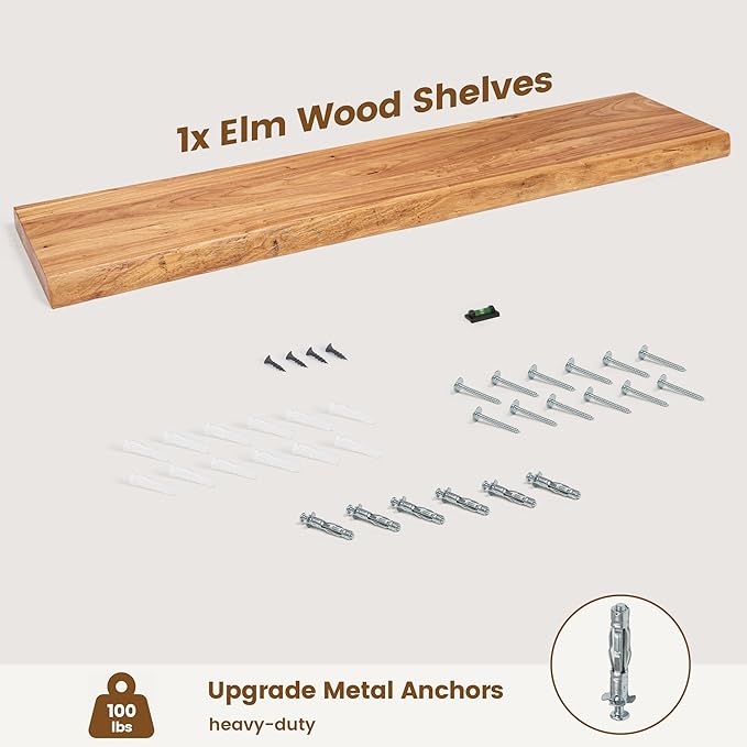 Rustic Elm Wood Floating Shelf for Wall, Live Edge 48"W x 9.2"D x 1.4"H, 1 Pack with Invisible Bracket, Large Wall Mounted Storage Shelf for Living Room Bedroom Kitchen Bathroom Decor, Natural Finish