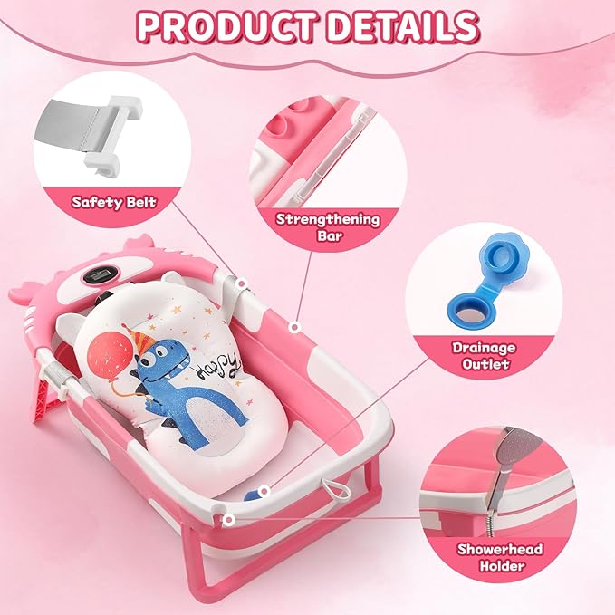 Baby Bathtub,Collapsible Baby Bath Tub with Thermometer & Soft Floating Cushion,Portable Travel Baby Bathtubs for Newborns to Toddlers 0-36 Months(Crab Gray)