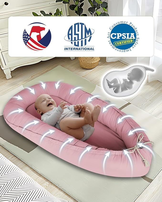 Baby Lounger - Infant Lounger for Newborn 0-24 Months, Pure Cotton Breathable Baby Nest Lounger Cover, Newborn Essentials for Baby Boys & Girls, Co Sleeper Portable Baby Bed for Home and Travel