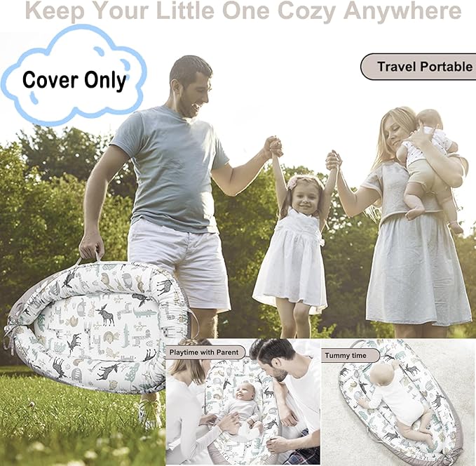 Baby Lounger Cover for Newborns, 100% Cotton Soft Portable Baby Nest Lounger Cover, Breathable Infant Lounger Replacement Cover, Lounger Pillow Cover Fit for Snuggle Me, Cover Only(Animal Pattern)