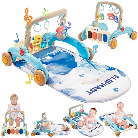 Baby Play Gym Walker Kick and Play Piano Gym for Boys Girls Play Mat Musical Tummy Time Mat Infant Christmas Newborn Gifts Toddlers (Elephant Upgraded)