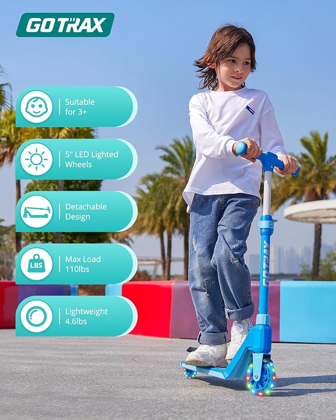 Gotrax K03 Kick Scooter for Kids, 5" LED RGB Lighted Wheels, 4.6 Lbs Lightweight and One-Click Detachable Design, Height Adjustable Handlebars, Anti-Slip Deck and Max Load 110 Lbs for Boy&Girl Age 3+