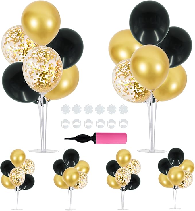 TONIFUL 6 Set Balloon Centerpieces for Table Black Gold Confetti Balloon Stand Kit for 2025 Graduation Party Decoration Birthday Anniversary Halloween 2025 Party Decorations