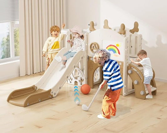 YUFU 12 in 1 Kids Slide for Toddlers, Toddler Slide Playset with Golf, Drawing Board, Climber, Basketball Hoop and Storage Space, Indoor Outdoor Toddler Playground for Kids Age 1-3 (Brown)