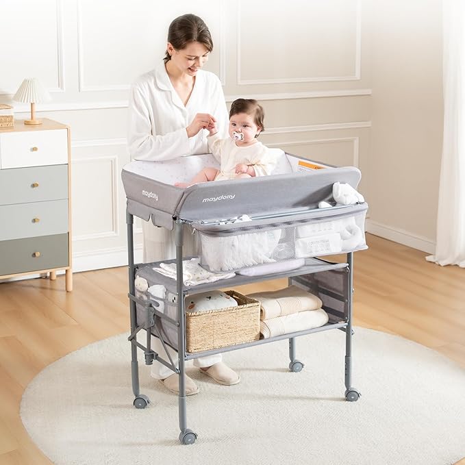Baby Changing Table with Wheels, Maydolly Portable Foldable Changing Table, Waterproof Diaper Changing Station, Adjustable Height Changing Station, Mobile Nursery for Newborn and Infant (Grey)