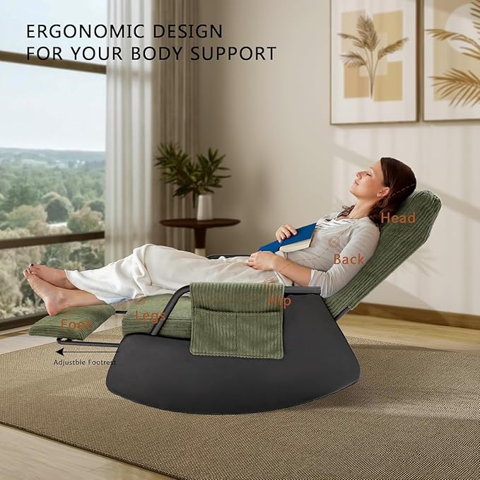 Rocking Chair for Nursery, Modern Upholstered Plush Seating Glider Recliner Chair with High Backrest and Side Pocket, Accent Armchair with Cushions for Living Room/Reading (Blackish Green)