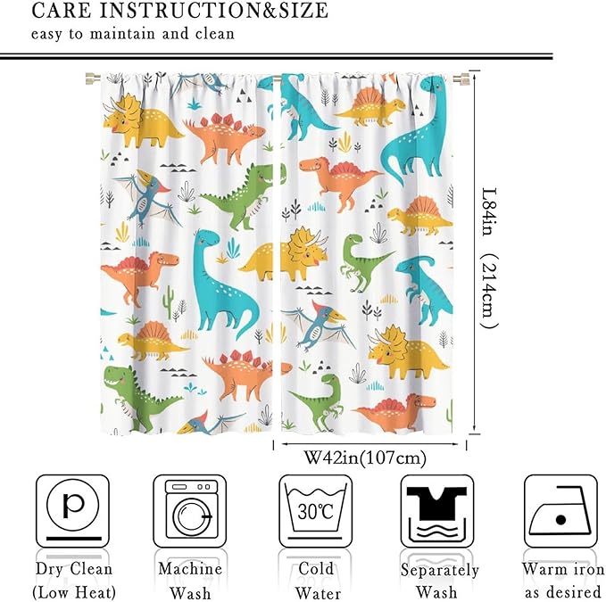 Kids Dinosaur Curtains for Boy Girl Bedroom Decor Cartoon Dino Colorful Cute Funny Animal Wildlife Printed Blackout Rod Pocket Window Drapes for Baby Nursery Playroom Living Room W42xL84in 2 Panels