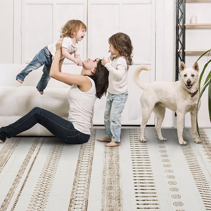 4x6 Washable Area Rug for Living Room, Carpet for Bedroom,Boho Soft Faux Wool Retro Dining Room Rug, Non Slip&Non-Shedding Resistant Low Pile Vintage Print Rug for Home Office (Beige)