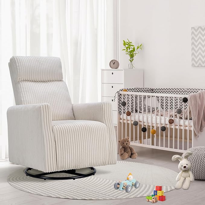 CANMOV Swivel Rocker Chair for Nursery, Swivel Accent Chair with High Back and Arms, Corduroy Glider Chair for Living Room Bedroom Nursery, Beige