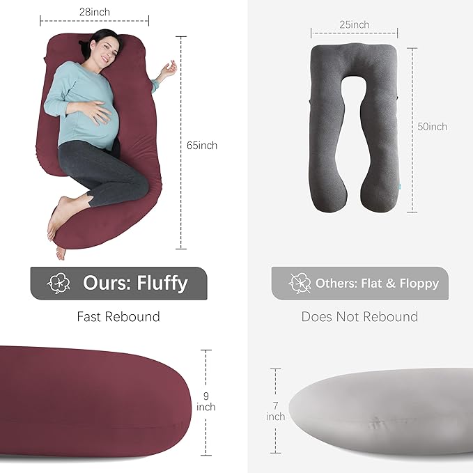 MOON PARK Pregnancy Pillows for Sleeping - U Shaped Full Body Maternity Pillow with Removable Cover - Support for Back, Legs, Belly, HIPS - 65 Inch - Burgundy