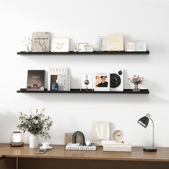 Picture Ledge Shelf, Wood Long Floating Shelves for Wall, Set of 2, 56 inch Picture Ledge Shelves, Photo Ledge Nursery Book Shelves Wall Mounted for Living Room Kids' Room Bedroom, Color Black