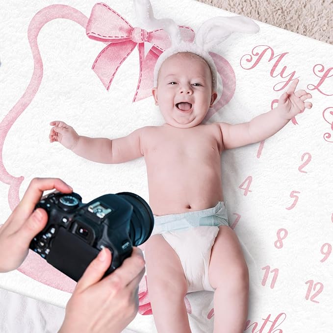 Trendy Pink Bow Coquette Baby Milestone Blanket Coquette Flannel Blanket Newborn Infant Swaddle Growth Baby Frame for Boys Girls Nursery (Bow, Pink)