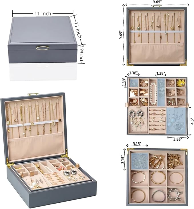 2-layer jewelry box，Jewelry Organizer with Handle，with hanging necklace hooks, detachable jewelry trays, suitable for storing a large amount of jewelry gift box (Large-Grey)