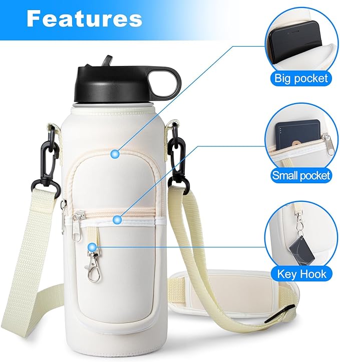 Water Bottle Holder with Strap for Hydroflask 32oz 40oz, Carrier Sling Bag with Phone Pocket Sleeve for Men Women Hiking Camping Travelling（Cream32oz）