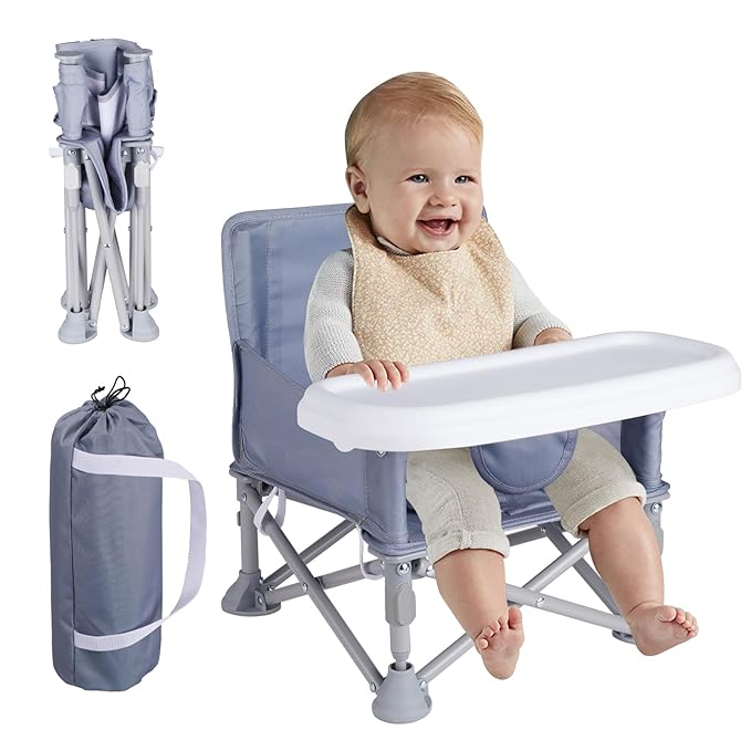 Portable Baby Booster Seat with Tray, Toddler Booster seat for Dining, Camping, Travel, Baby Beach Chair 6 Months to 3 Years Old Indoor Outdoor Use Grey
