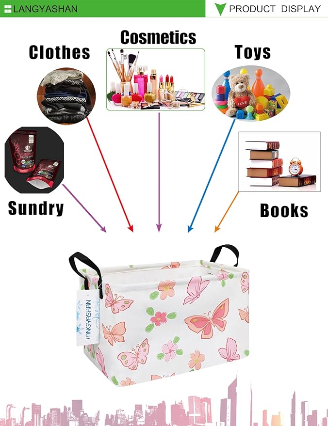 LANGYASHAN Rectangular Storage Bin Collapse Canvas Fabric Cartoon Storage Basket with Handles for Organizing Home Kitchen Boys and Girls Toys Office Closet Shelf Baskets (Rec Pink Butterfly)