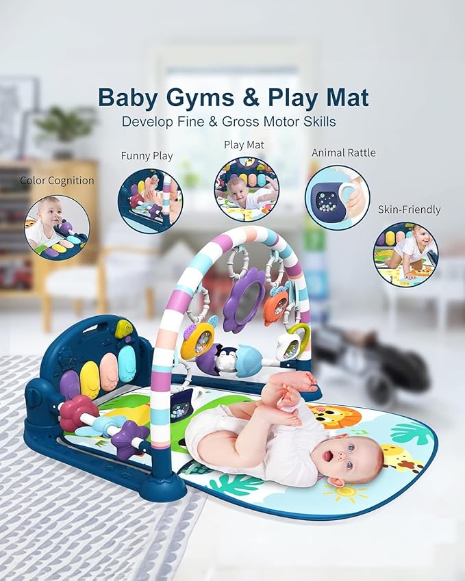 dearlomum Baby Play Mat Gym,Funny Play Piano Tummy Time Activity Mat with 5 Infant Sensory Toys & 4 Wrist Rattle Socks, Boy & Girl Gifts for Newborn 0 to 3 6 9 12 Months(Blue)