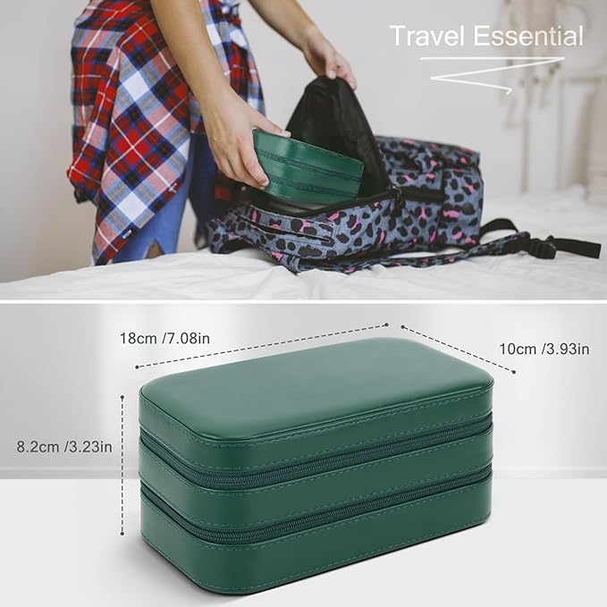 DesignSter Small Travel Jewelry Box with Double Zipper, 2 Layers PU Portable Jewelry Case for Women and Girls,Travel Jewelry Organizer for Rings, Earrings, Necklaces, Bracelets,Dark green