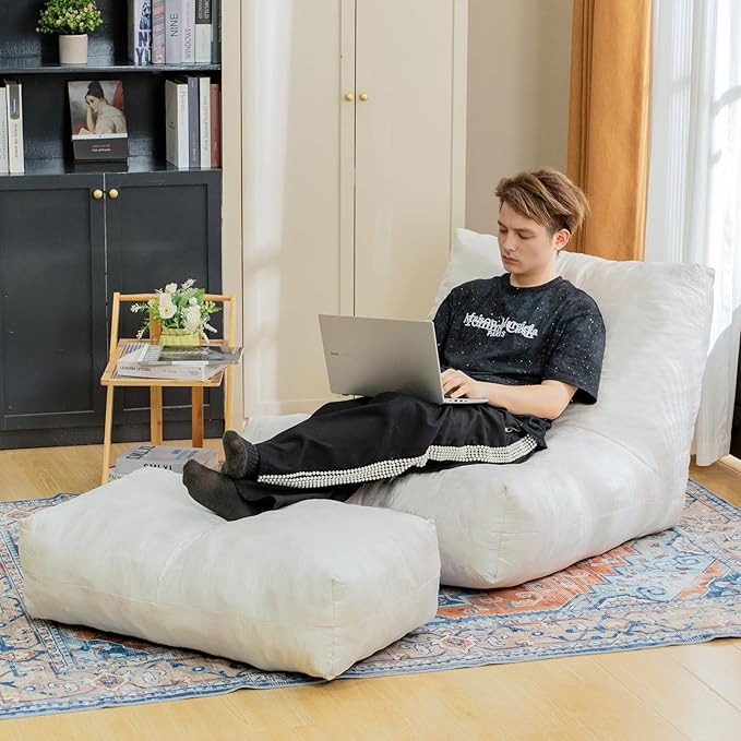 Bean Bag Chair with Ottoman, Comfy Bean Bag Sofa with Memory Foam, Lazy BeanBag Sofa with Footstool, Fireside Bean Bag Couch for Living Room, Bedroom, Apartment