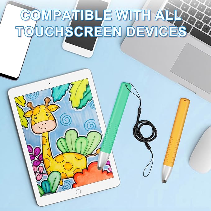 2pcs Kid-Friendly Stylus Pens for Touch Screens, Tablet Stylus Pen with Spring Cord Universal Touch Screen Capacitive Crayon Stylus Green Orange