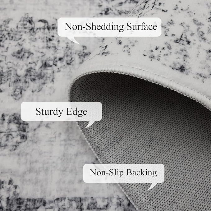 9x12 Area Rug Living Room Rugs, Stain Resistant Washable Rug, Vintage Large Non-Slip Backing, Low Pile Lightweight Print Rug for Bedroom Dinning Room Home Office (White/Grey)