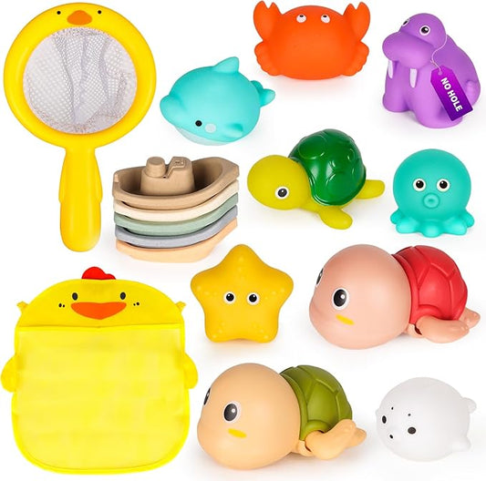Mold-Free Baby Bath Toys Set 16 Pcs (2 Wind-Up Turtles, 7 No-Hole Sea Animals, 5 Stackable Boats, Fishing Net & Storage Bag) – BPA & Phthalate-Free, Ideal Water Table Baby Pool Toys for Kids Ages 1-3