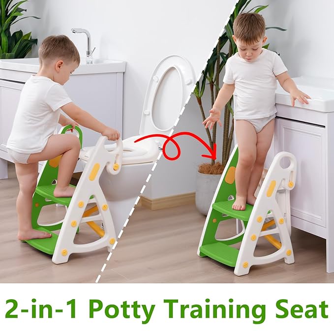 Potty Training Seat: 2 in 1 Design Potty Seat for Toilet & Nursery Step Stool for Sink Potty Training Toilet with Height Adjustable Ladder for Kids of All Ages (YGreen)