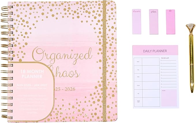Votum August 2025 to January 2027 Large Back to School Academic Planner- Daily, Weekly & Monthly Organizer with Pens, Stickers, Sticky Notes, and a Sturdy Cover - Organized Chaos Pink