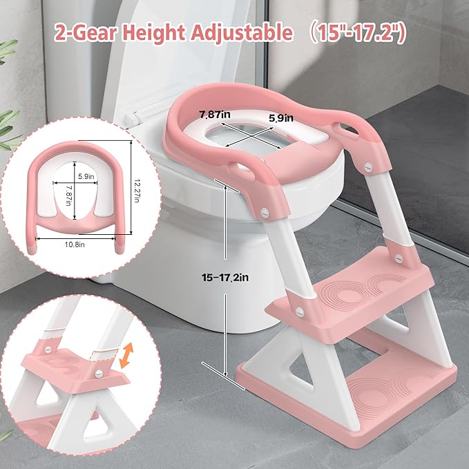 2 in 1 Potty Training Toilet Seat & Toddler Step Stool, Bottom Triangle Stability Toddler Toilet Seat, Adjustable Step & Seat Height Potty Seats for Toddlers Boys Girls (Pink)