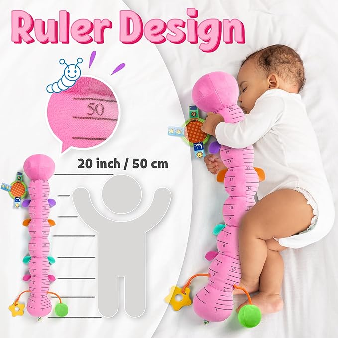 LIGHTDESIRE Baby Toys Musical Caterpillar,Infant Toys Stuffed Animals with Ruler Design,Mirror,Pull String&Ring Bell,Baby Teething Toys for Tummy Time Toys Newborn Gifts 3 6 12 Months(Pink,Leafy Limb)