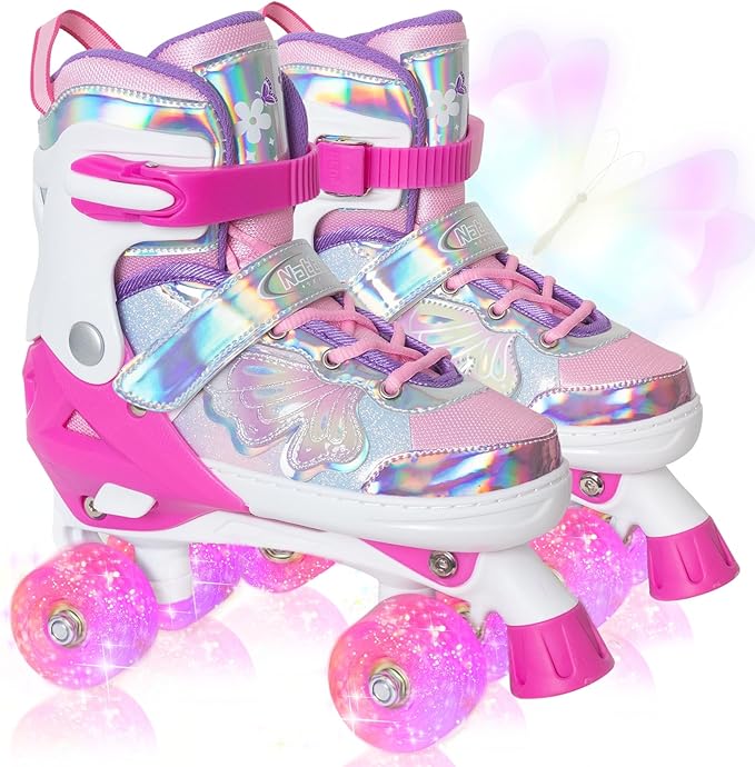 Nattork Kids Roller Skates for Girls Boys Kids, 4 Sizes Adjustable Quad Skates Butterfly and Flower with All Light up Wheels - Birthday Gift for Indoor Outdoor Sports