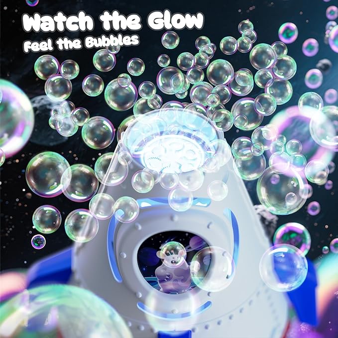 Rocket Bubble Machine for Kids with Lights, 360° Rotating Bubble Blower Toy with 10 Refill Solutions, Bubble Maker for Toddlers, Fun Outdoor Party Gift for Boys & Girls Blue