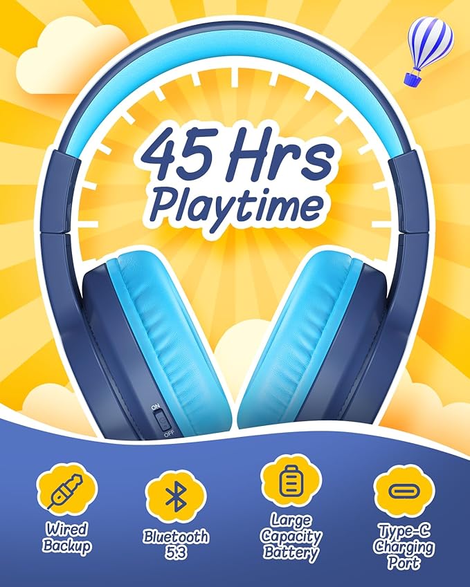 seenda Kids Bluetooth Headphones, Colorful Wireless Over Ear Headset with 85dB/94dB Volume Limited, 45H Playtime, 3 Lighting Modes, Built-in Mic Headphones for Boys Girls iPad Tablet School Dark Blue