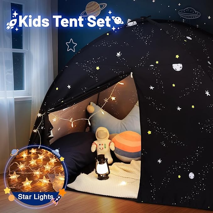 Sumbababy Large Teepee Tent for Kids: with Star Lights - Tent for Toddler Indoor Kids Teepee Tent for Boys & Girls - Toddler Play Tent Inside Canopy Bed for Playroom Gift Toys (Black Galaxy)