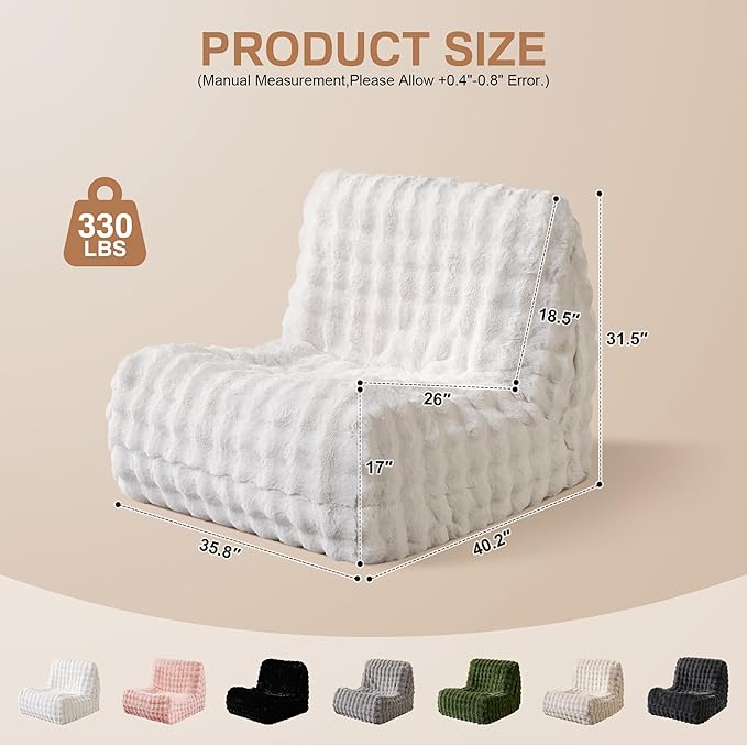 Modern Bean Bag Chair, Large Bean Bag Couch for Adults with Memory Foam Filled, Soft Faux Bunny Fur Lazy Chair for Living Room Bedroom Dorm Apartment, No Assembly Required, White