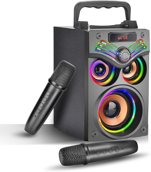 Karaoke Machine,Portable Bluetooth Karaoke Speaker with 2 Wireless Microphone for Adults Kids,with 20W(Peak) Speaker,Handle &RGB Lights,Supports TF Card/USB/Aux in/TWS,for Home,Party